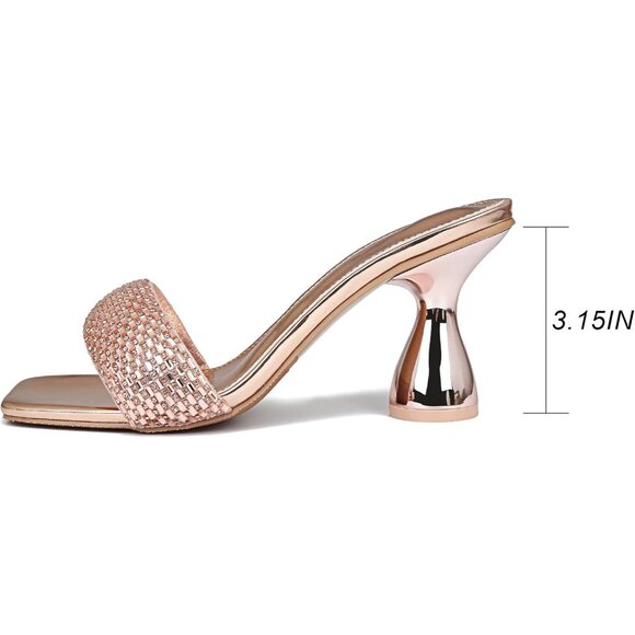 Women's Champagne Rhinestone Chunky Heel Open Toe Slip On Slides Kitten Heels - Picture 4 of 6